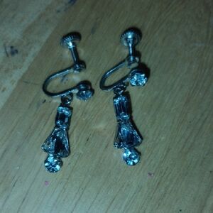 Vintage Silver-Tone Rhinestone Dangle Screw-Back Earrings - Clear Crystals